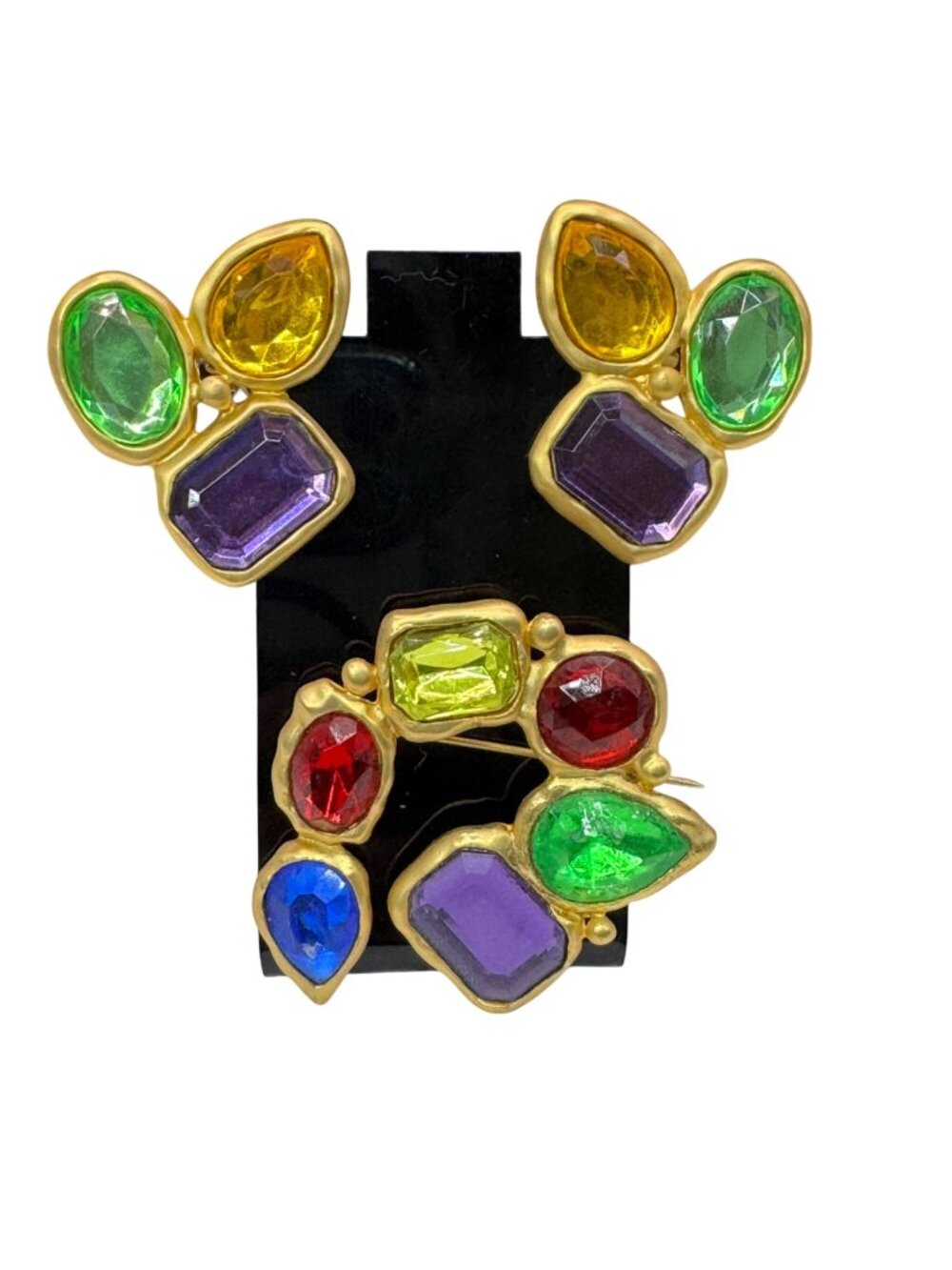 Vintage Park Lane Gold-Tone Multicolor Gemstone Brooch Clip-On Earrings Set Boho